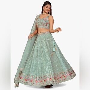 Elegant Mint Green Lehenga Choli with Floral Embroidery